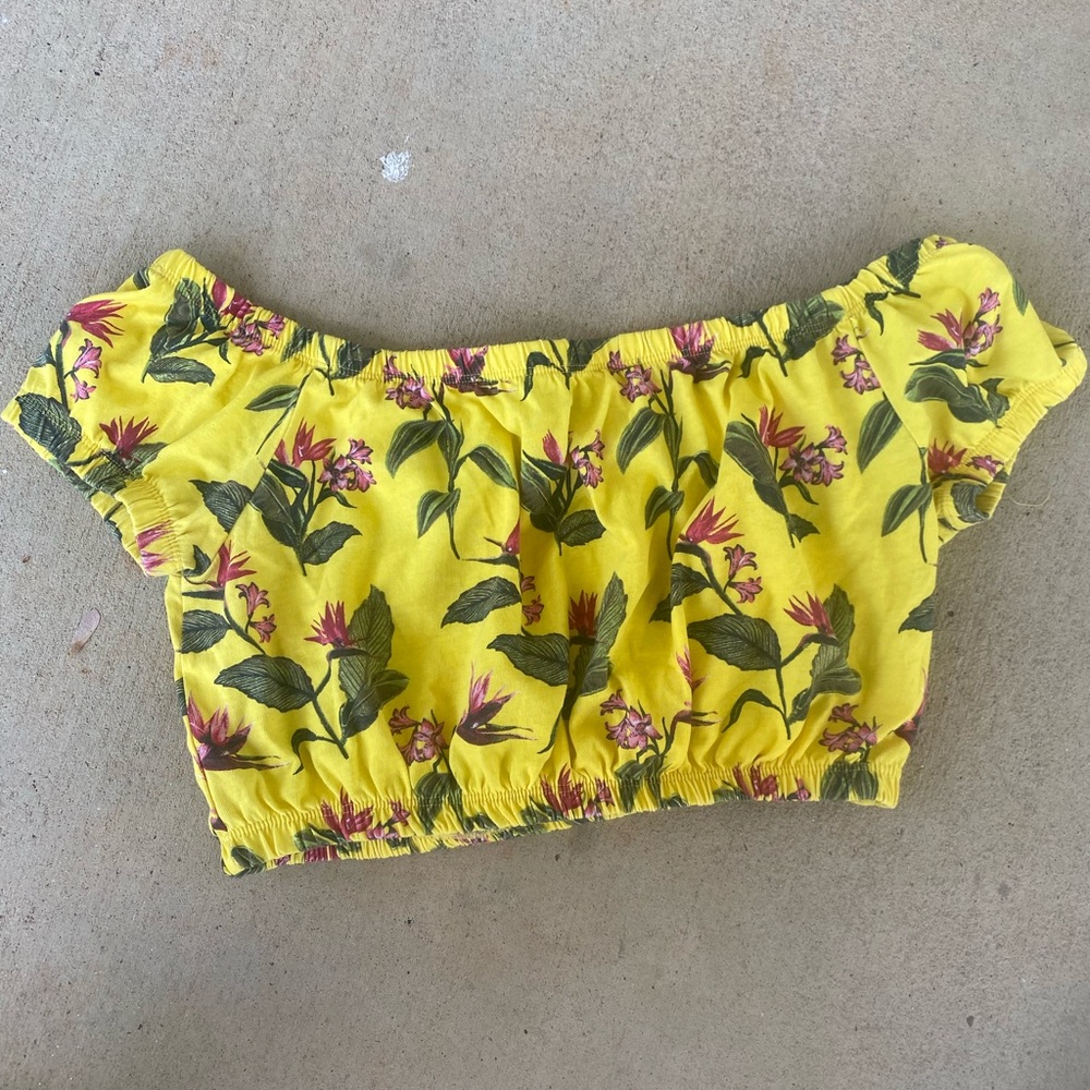 Forever 21 Yellow Floral Off-Shoulder Crop Top with Pink Flowers